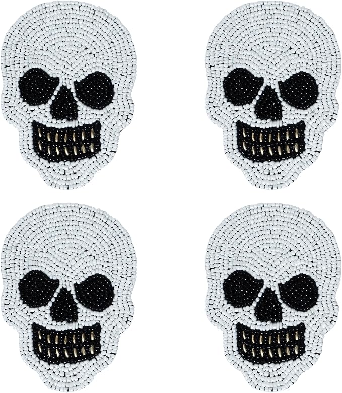 COTTON CRAFT Halloween Beaded Coaster - Spooky Skulls 4 Pack - Black White - skull coaster