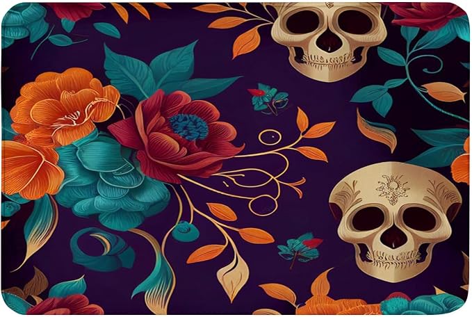 Bathroom Mats Rugs Non-Slip, Washable Floor Mat Bathroom Decorations ，Beautiful with Sugar Skulls and Flowers Pattern Bath Mats，16x24inch - skull floor mat