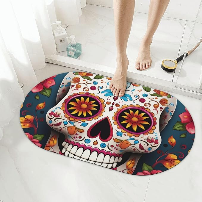 Stone Bath Mats Colorful Sugar Skull Diatomaceous Earth Bath Mat Super Absorbent Bathroom Floor Mat Quick Drying Diatomite Shower Mat for Shower Bathtub Bathroom Accessory 19.7x31.5in - skull toilet mat