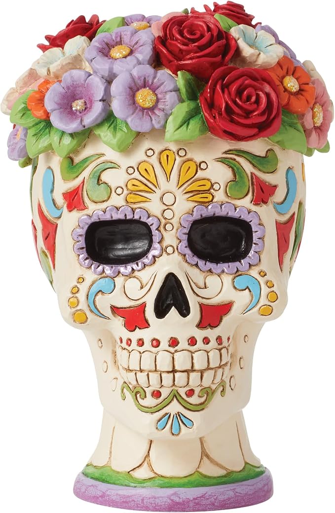 Enesco Jim Shore Heartwood Creek Halloween Day of Dead Sugar Skull Flower Halo Figurine- Dia de Los Muertos Statue Resin Hand Crafted Collectible Decorative Halloween Figurines Home Decor, 5 Inch - skull figurine