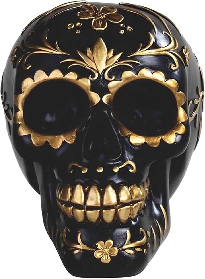 ICE ARMOR 6.25" W Day of The Dead Floral Skull Black Sugar Skull Tattoo in Gold Figurine Statue Sculpture Ornament Decor for Housewarming, Holidays, Christmas for Men/Women - sugar skull ornament