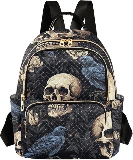 Bolaz Mini Backpack Purse for Women, Skull Crow Travel Bag Casual Daypack Shoulder Bag - sugar skull handbags for sale