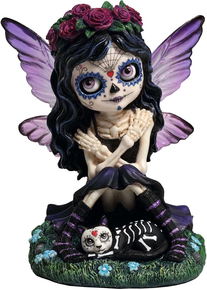 Veronese Design 4 3/4 Inch Day of The Dead Sugar Skull Butterfly Fairy Petting Cat Resin Hand Painted Figurine - skull painting