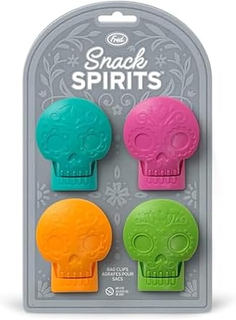 Genuine Fred SNACK SPIRITS Bag Clips, Set of 4, Molded Day of the Dead skull design, Dio de los Muertos, Colorful Calaveras, Bag Clips for food storage - skull figurine