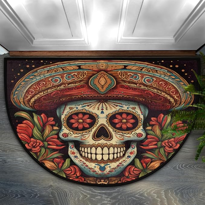 Skull Half Round Doormat Non Slip Half Moon Rug Outdoor Welcome Mat - skull toilet mat