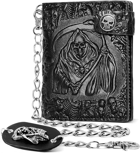 ZEKEE Skull Gothic Chain Wallet Leather – Punk Bifold Halloween Goth Accessories | Unisex, Black