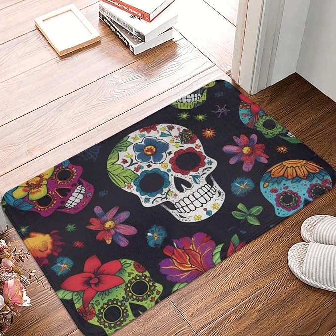 Flower Cactus Sugar Skull Print Doormat Washable Indoor Door mat Non-Slip Welcome Mat Front Door Mat for Entrance for Home Farmhouse Funny Kitchen Rugs Patio Greeting Porch Rugs 16×24 Inch
