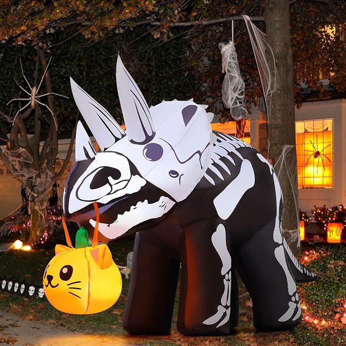 COMIN 6.5 FT Long Halloween Inflatables Dinosaur Outdoor Decorations Blow Up Yard Scary Skeleton Triceratops with Built-in LEDs for Indoor Party Garden Lawn Decor - skull inflatable