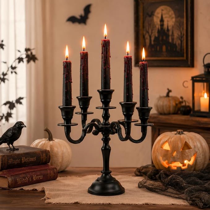 Rely+ 5 Arm Baby Candelabra Black Matte 8 Inch Taper Candle Holders Gothic Decorations Candlesticks Holder Home Decor Wedding Parties Centerpiece for Dining Table - skull candle