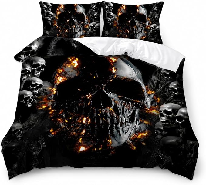 AILONEN Gothic Skull Duvet Cover Set Twin Size, Gray Skeleton Flame Bedding, Black Rock Style, 3-Piece with 1 Duvet Cover and 2 Pillowcases - skull bedding