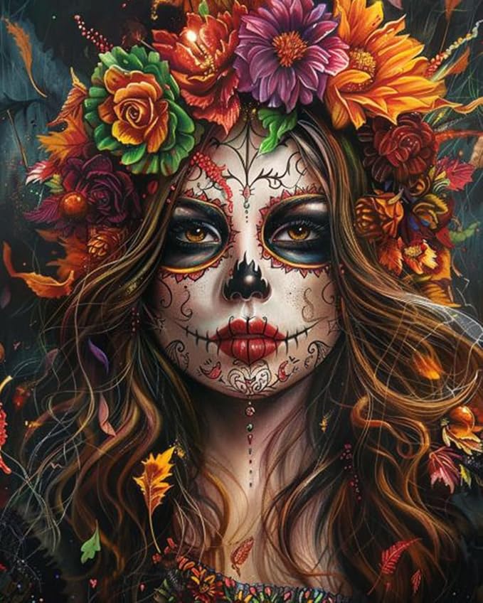 Day of the Dead Skull Flowers Oil Painting Paint by Number Kits 16 x 20 inch Canvas Painting Halloween Woman Portrait DIY Oil Painting for Adults Beginner with Brushes Acrylic Pigment(without Frame) - skull painting