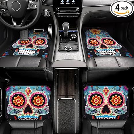 Carpet Floor Mat Set of 4 Sugar Skulls Car Mats Universal Waterproof Automotive Floor Mat Built-in Heel Pad Stylish Floor Mats for Cars Truck Van SUV - skull floor mat