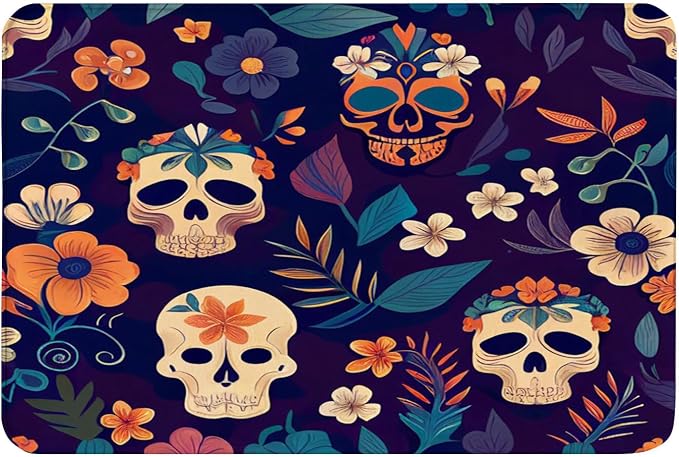 Absorbent and Non-Slip, Suitable for Indoor and Outdoor Entryways Courtyards,Sugar Skulls and Flowers Leaves Pattern Flannel Floor Mat Bath Mat,16x24in - skull floor mat