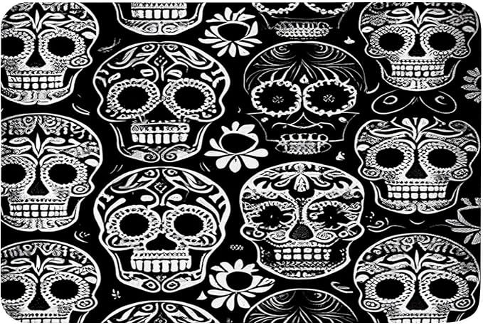 Non-Slip Flannel Soft Doormat Floor Entryways Outdoor Indoor Front Door Mat,Black and White Sugar Skulls Pattern Bath Mat,16x24in - skull floor mat