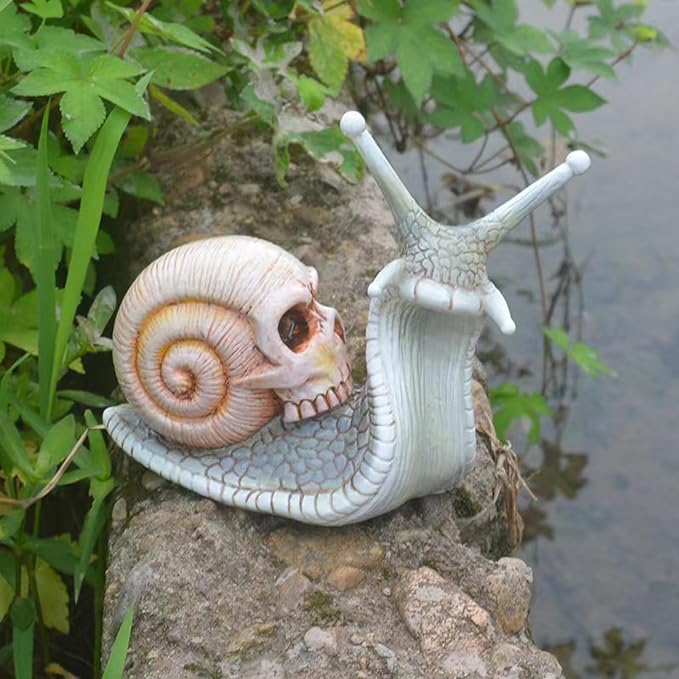 Grey Snail Skull Sculpture, Resin Garden Statue for Yard Patio Desk - skull figurine