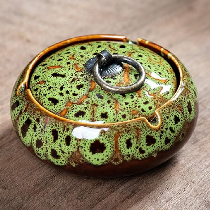 Handmade Ceramic Ashtray with Lids, Exquisite Pattern Ash Holder for Patio Desktop Office Smokers, Ash Tray for Indoor Tabletop Home Office Decor (Mix Green, M-Size) - skull ashtray