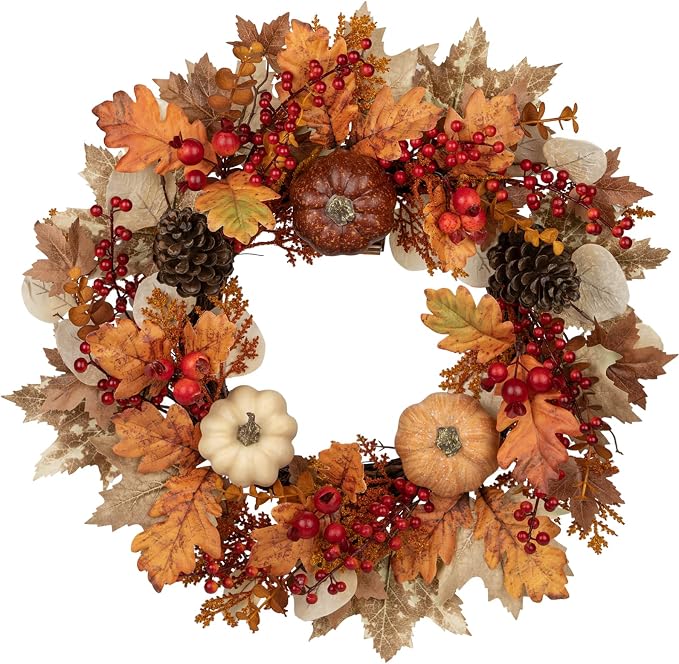 22" Artificial Fall Wreath for Front Door Autumn Harvest Wreath with Pumpkin Oak Maple Leaf Pine Cones Eucalyptus Berry for Halloween Thanksgiving Day Indoor Outdoor Farmhouse Window Wall Décor - skull wreath