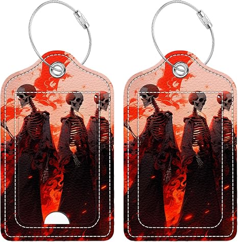 2 Pcs Luggage Tag for Suitcase, Red Skull Cool Unique Leather Suitcase Tags with Full Privacy Cover Stainless Steel Loop for Women Men Travel Baggage Bag Backpack - skull suitcase