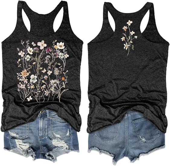 MHTOR Wild Sunflower Racerback Women's Sleeveless Workout Loose Fit Summer Casual Front and Back Cute Printed Tank top - skull tank tops