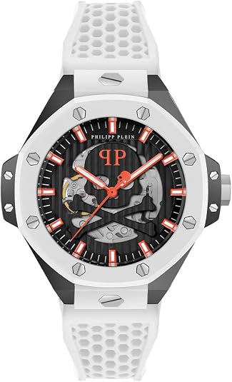 Philipp Plein Plein $keleton Royal Collection Luxury Mens Watch Timepieces with a White Strap Featuring a Black Case and Dial - skull watch