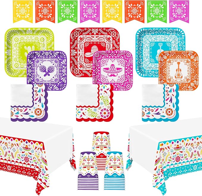 Fiesta Party Supplies Kit for 24 - Ultimate Celebration Pack Including Paper Plates, Napkins, Cups, Tablecloth & Banner | Ideal for Mexican Birthday, Taco, & Cinco de Mayo party Decorations - skull plate