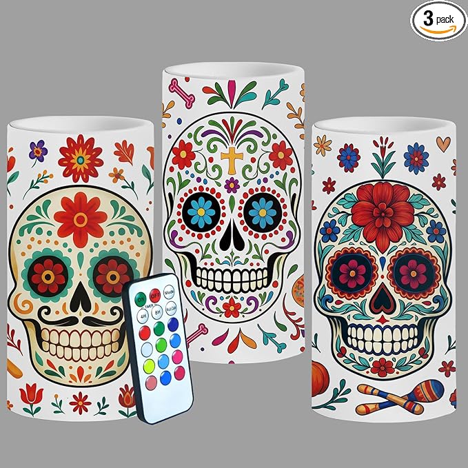 Dia De Los Muertos Flameless Candles with Timer Remote 3 Pack - skull candle