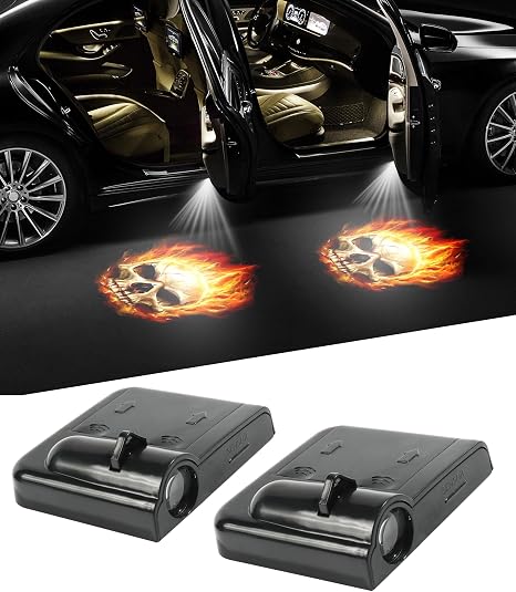 bylikeho 2Pcs Car Door Lights,Door Lights Logo Projector,Car Accessories HD Car Welcome Light,Door Sill Lights Wireless LED Door Paste Courtesy Light,Car Door Lights Logo (Fire Skull)