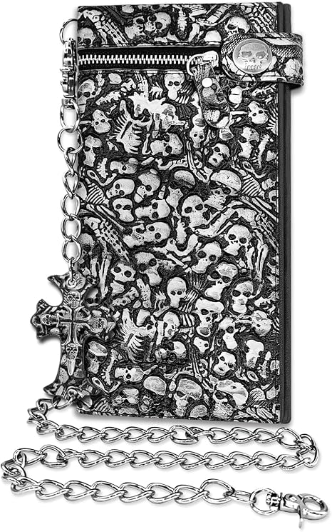 Long Chain Wallet Leather Skull Gothic Punk Bifold Halloween Goth Accessories,Unisex - Gunmetal Black Brand - skull wallet