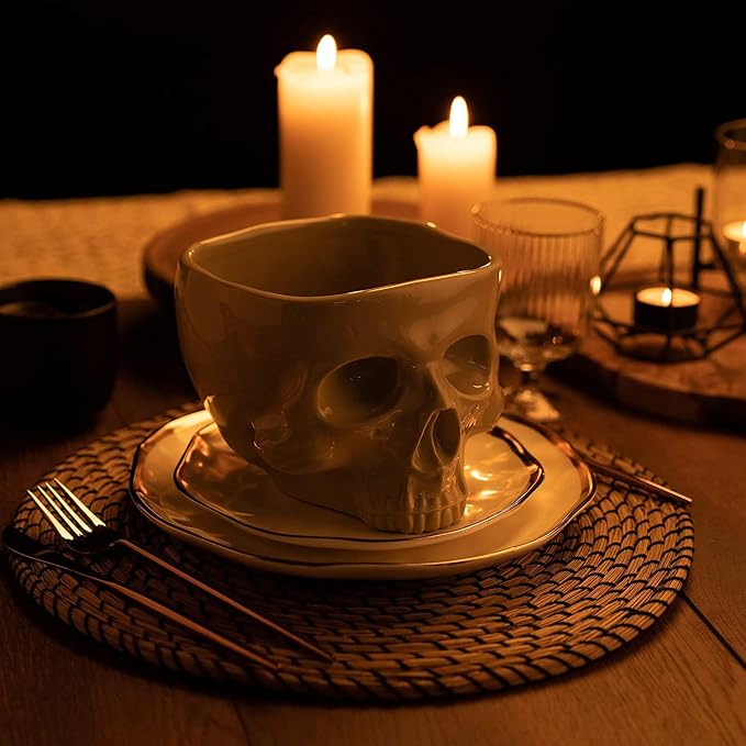 Food Safe Skull Bowl for Eating, Ceramic Skull Shaped Bowl for Cereal Pasta & Ice Cream, Gothic Tabletop Skeleton Head Shaped Decor (small) - skull plate