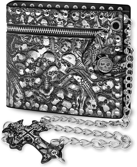 Chain Wallet Skull Gothic Punk Bifold Halloween Unisex Goth Accessories,Faux Leather-Gunmetal Black