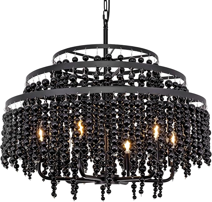 TOCHIC Large Black Beaded Chandelier 26.4″, Farmhouse Wood Bead Chandeliers