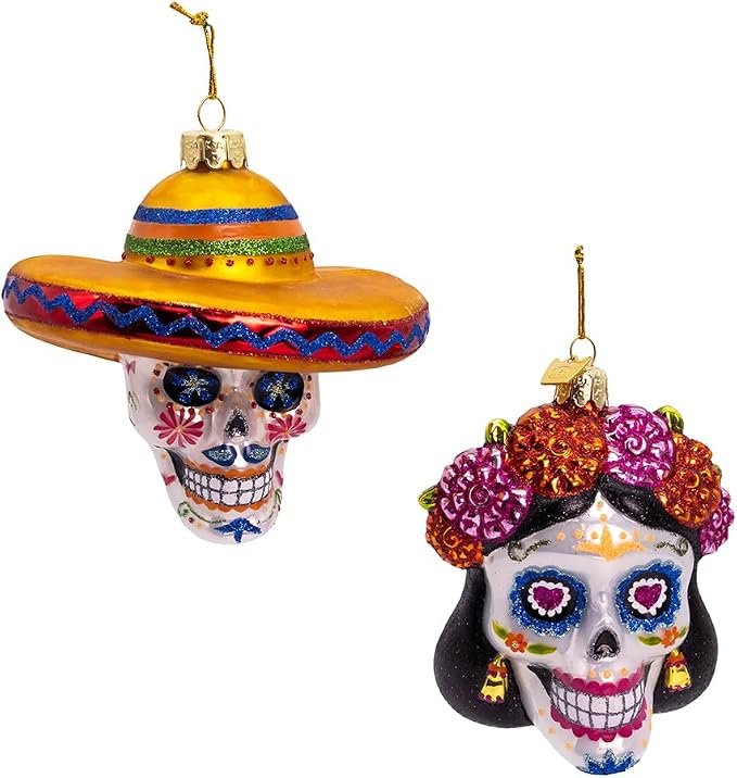 Kurt Adler 4-4.25-inch Noble Gems™ Glass Day of the Dead Sugar Skull Ornament Set
