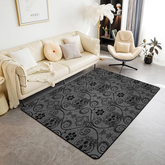 Feelyou Black Vintage Damask Area Rug 5x7 Living Room Rugs for Bedroom - skull carpet