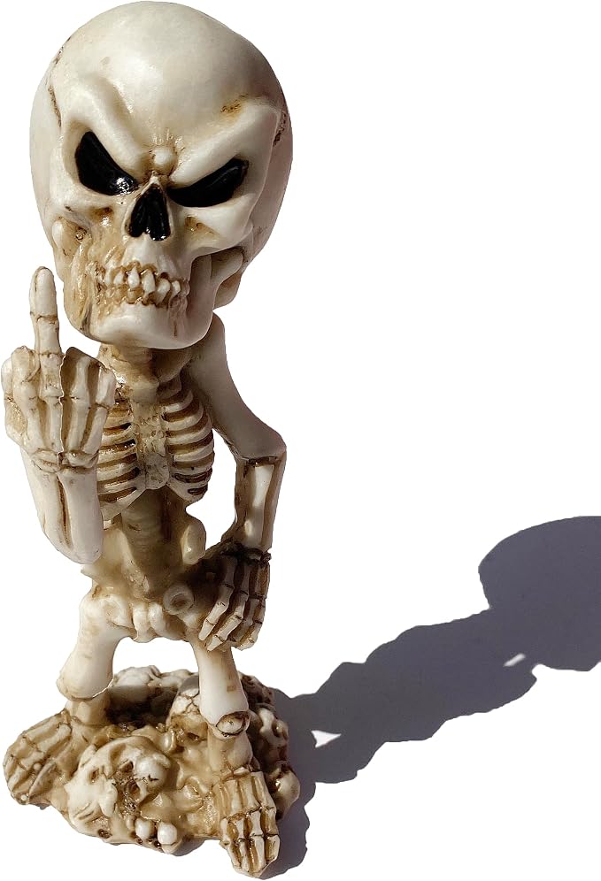 Middle Finger Skeleton Statue – 7.3″ Funny Bone Skull Decor, Gothic Flipping The Bird Figurine for Halloween, Office Prank & Dark Humor Collectibles