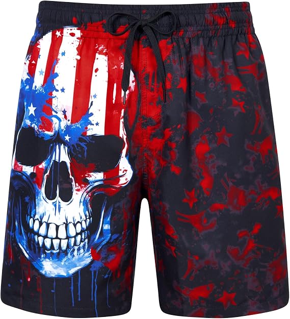 uideazone Men Swim Trunks Drawstring Elastic Waist Quick Dry Beach Shorts with Mesh Lining Swimwear Bathing Suits - skull swimsuit