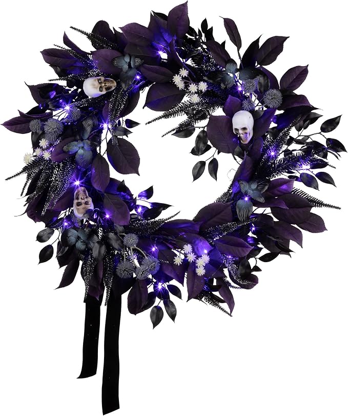 National Tree Company, 26inch Artificial Floral Mini Skull Wreath, 30 Purple LED Lights, - skull wreath