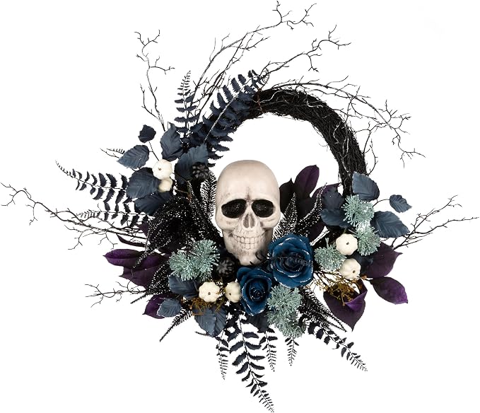 National Tree Company Artificial Halloween Skull Wreath, Black, 24inch - skull wreath
