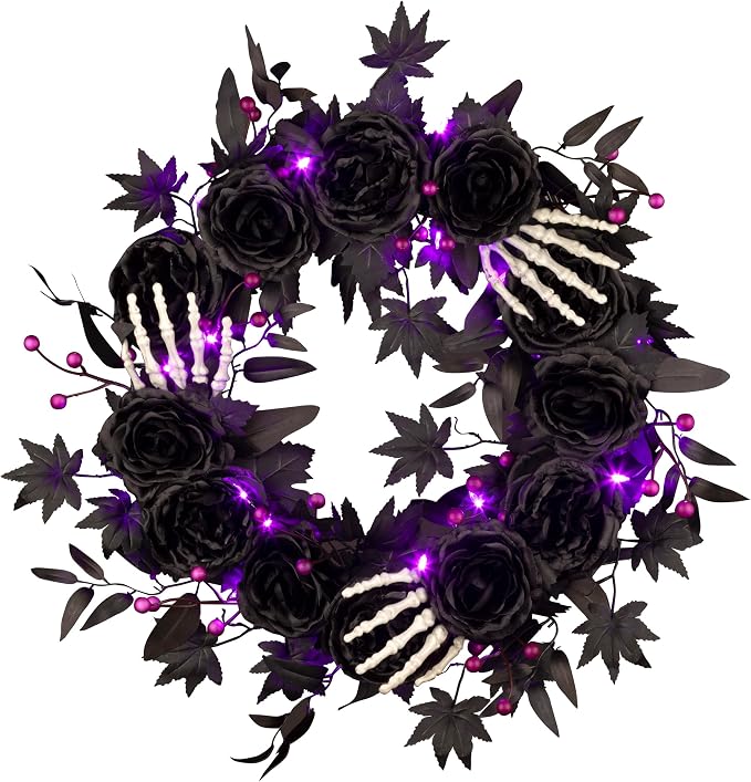 National Tree Company, 24inch Artificial Bad to The Bone Halloween Wreath, 30 Purple LED Lights, - skull wreath