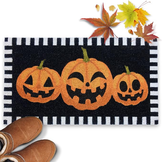 Halloween Pumpkin Front Door Mat 30x17 Inch, Jack-O-Lantern Welcome Mat - skull floor mat