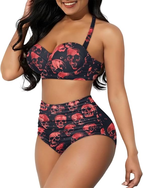High Waisted Bikini Set for Women High Cut Swimsuit Two Pieces Sexy Bathing Suit Tummy Control - skull swimsuit