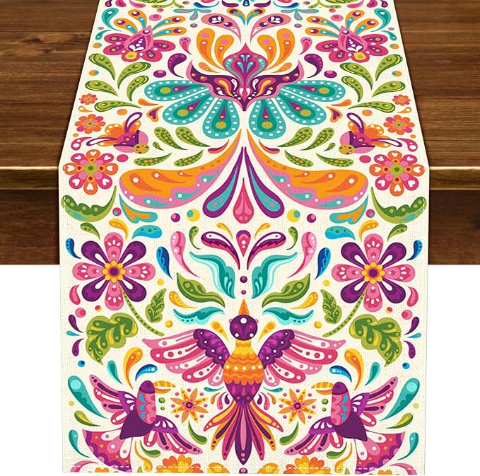 Mexican Otomi Table Runner Day of The Dead Fiesta Party Supply Dia De Los Muertos Decoration Home Kitchen Altar Ofrenda Decor (13" x 72") - skull carpet