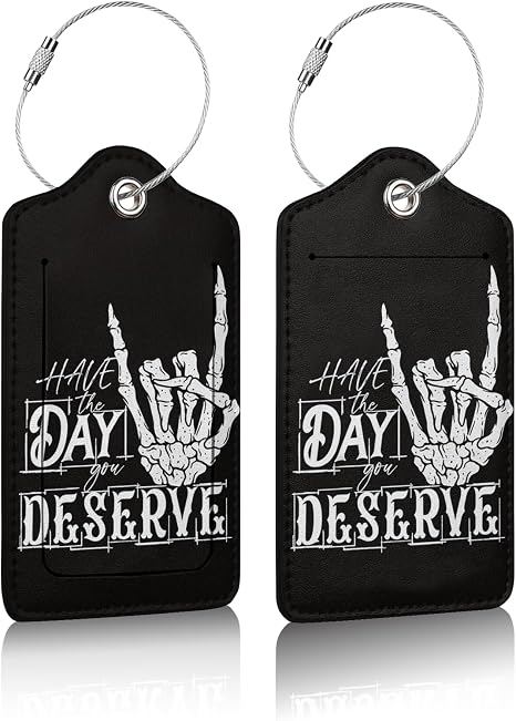 2 Pack Luggage Tag for Suitcases, Funny Skull Hand Leather Luggage Tag Privacy Cover ID Label for Women Men Travel(Have The Day You Deserve) - skull suitcase