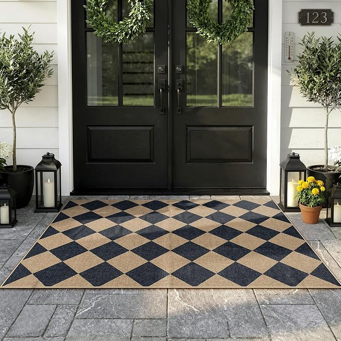 Lahome Checkered Easy Jute 3×5 Entryway Front Porch Rug, Black Diamond Indoor Outdoor Patio Layering Rug, Washable Farmhouse Neutral Non Slip Non Shedding Door Carpet for Backyard Blacony