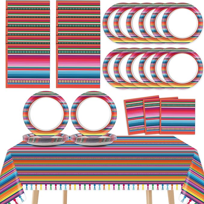Mexican Serape Fiesta Party Supplies Serves 24 Mayo Party Paper Plates Napkins Colorful Stripes Mexico Tablecloth Set Tableware Kit for Pinata Taco Ponchos Dance Day of The Dead Favor - skull plate