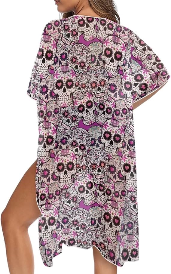 Irisjudy Women Beach Cover Up Cardigans Chiffon Open Front Kimono, Cute Fruits Loose Bathing Suit Cover Ups Wraps - skull swimsuit
