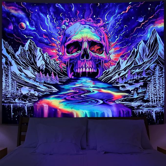 Lahasbja Blacklight Skull Tapestry UV Reactive Galaxy Mountain Planet Tapestries Magic Neon River Wall Hanging Aesthetic Skeleton Wall Decor Forest Trees Landscape Backdrop for Living Room
