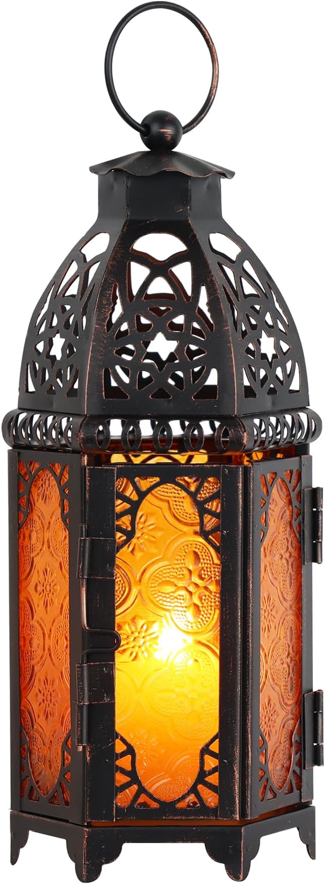 NEEDOMO 11” Moroccan Lanterns Decorative Indoor & Outdoor, Vintage Christmas Candle Holder, Metal Lanterns Decorative, Table, Patio, Porch, Shelf, Christmas Spring Halloween Home Decor (Amber)