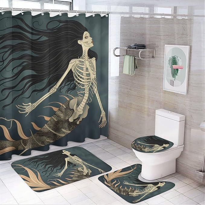 Mermaid Skeleton Skull 4 Pcs Bathroom Shower Curtain Set,Bathroom Sets with Rugs (Bath Mat,U Shape and Toilet Lid Cover Mat), Bathroom Decor Set - skull toilet mat