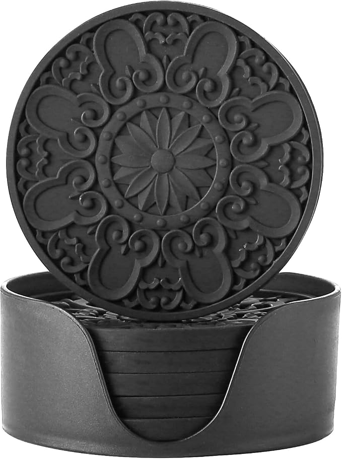 Colinda Silicone Coasters - Set of 6 with Holder, Non-Slip Cup Mats for Hot and Cold Drinks, Decorative Designs, Gift Ready Packaging,Black - skull coaster