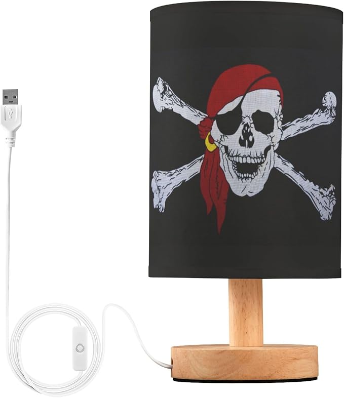 Table Lamp Pirate Skull Crossbones on Black Nightstand Lamp with Wood Base Fabric Lamp Shade Bedside Desk Lamp for Living Room Bedroom Kids Room Office - skull lamp